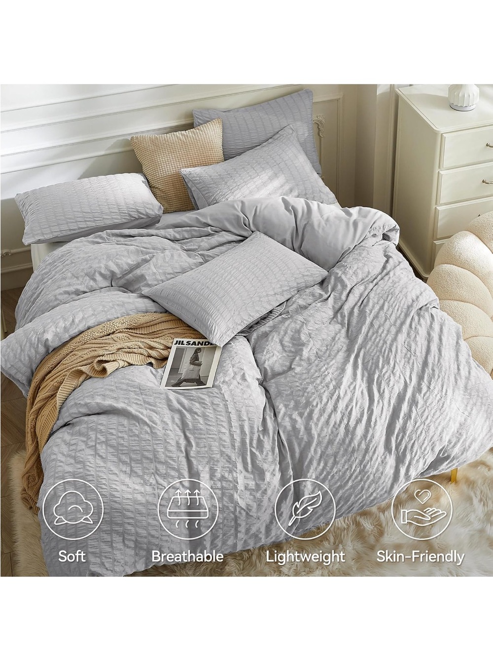 NEW JELLYMONI Light Grey Seersucker Cotton Duvet Cover Set Full, Soft Breathable - Picture 2 of 6
